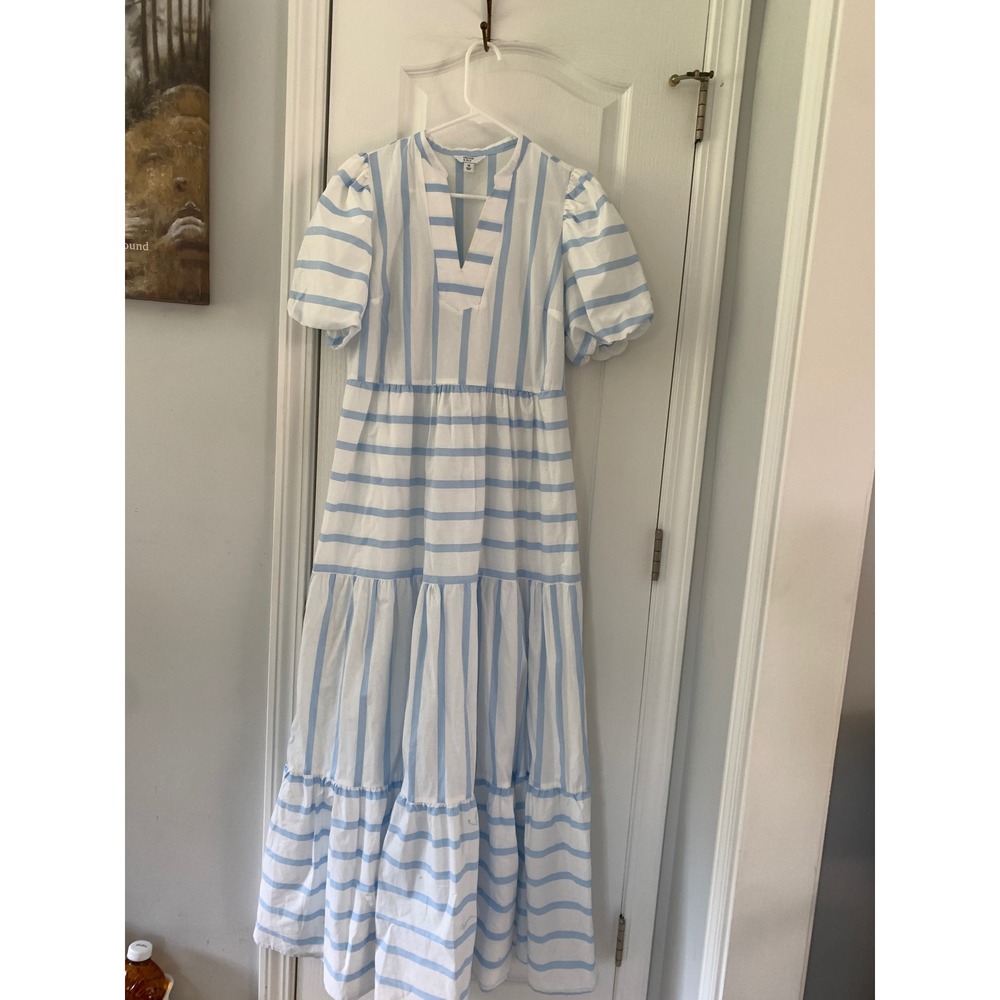 Crown & Ivy Blue White Striped Tiered Maxi Dress Puff Sleeve V-Neck RN31104
